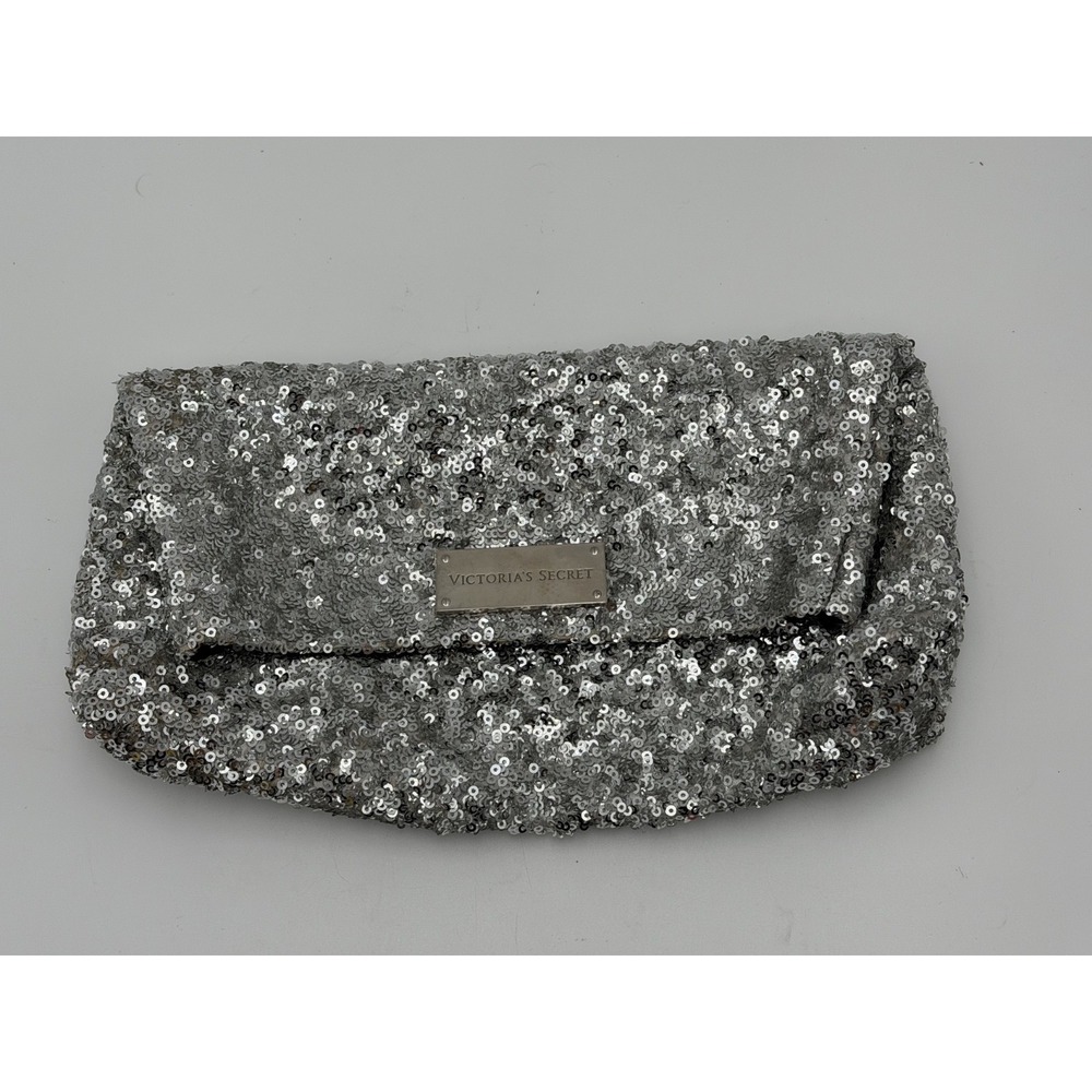 Victoria's‎ Secret Silver Sequined Clutch Handbag Fold Over Magnetic Snap Purse